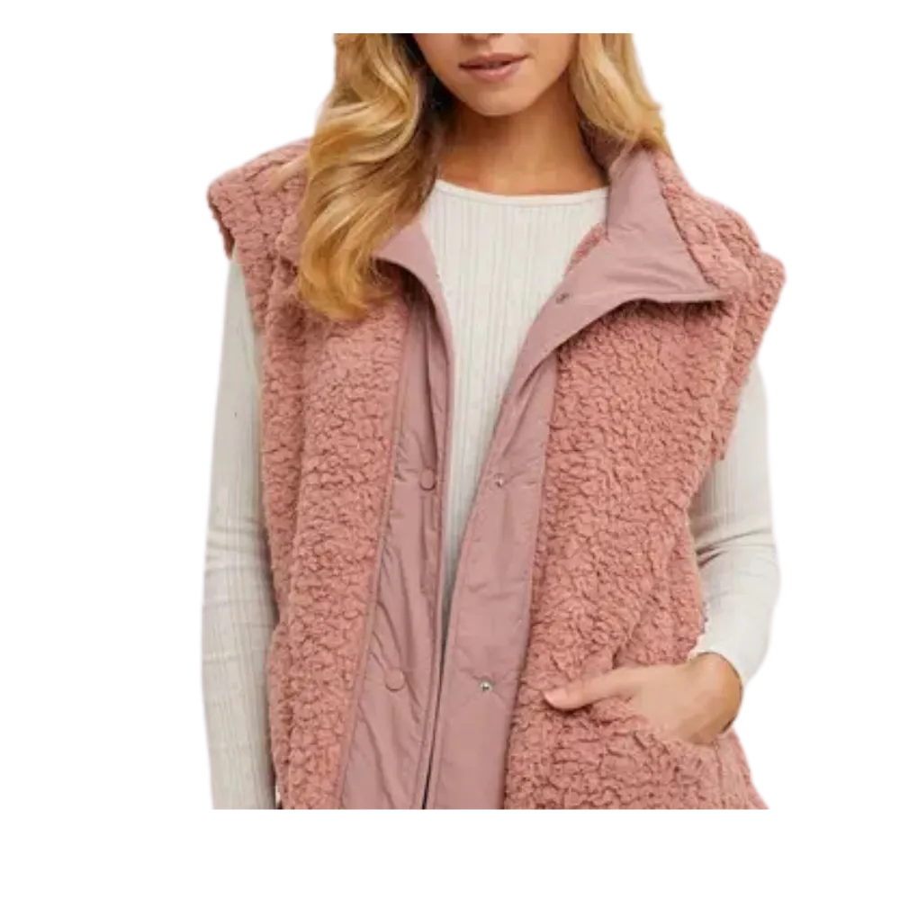 Button Down Mock Neck Fleece Sherpa Vest